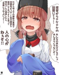 Rule 34 | 1girl, absurdres, alcohol, artist logo, black bow, black hat, blouse, blue shawl, blush, bow, brown eyes, brown hair, can, drunk, fur hat, hair between eyes, hair bow, hair ornament, hairclip, hat, hibiki (zerocodo), highres, jacket, kantai collection, long hair, long sleeves, low twintails, open mouth, papakha, red shirt, shawl, shirt, solo, speech bubble, tashkent (kancolle), tears, translation request, twintails, untucked shirt, white jacket