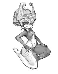 Rule 34 | 1girl, breasts, closed mouth, fang, full body, greyscale, helmet, highres, kelvin hiu, legs, looking at viewer, midna, monochrome, nintendo, one eye covered, simple background, small breasts, smile, smug, soles, solo, the legend of zelda, the legend of zelda: twilight princess, thick thighs, thighs, white background