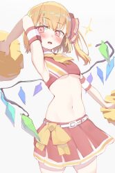 Rule 34 | 1girl, alternate costume, blonde hair, breasts, cheerleader, cowboy shot, crop top, crystal, flandre scarlet, hair ribbon, highres, medium breasts, midriff, navel, open mouth, pom pom (cheerleading), red eyes, red ribbon, red skirt, red tank top, ribbon, semotaretare, side ponytail, skirt, small breasts, solo, stomach, tank top, touhou, underboob, wings