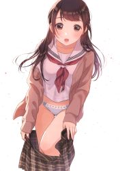 Rule 34 | 1girl, :o, absurdres, blazer, blue panties, blue ribbon, blush, breasts, brown eyes, brown hair, brown jacket, brown skirt, buttons, clothes pull, collarbone, highres, jacket, leg up, lingerie, long sleeves, looking at viewer, medium breasts, morikura en, neckerchief, open clothes, open jacket, open mouth, open skirt, original, panties, plaid, plaid skirt, red neckerchief, ribbon, ribbon-trimmed panties, scan, school uniform, serafuku, shirt, simple background, skirt, skirt pull, sleeves past wrists, solo, standing, standing on one leg, straight hair, tareme, thigh gap, unbuttoned, underwear, undressing, white background, white shirt, zipper