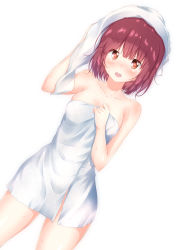 Rule 34 | 1girl, :o, absurdres, arm up, atelier (series), atelier sophie, bad id, bad pixiv id, bare arms, bare shoulders, blunt bangs, blush, body blush, collarbone, commentary request, cowboy shot, drying, drying hair, dutch angle, hand on own chest, highres, looking at viewer, naked towel, nose blush, numpopo, open mouth, orange eyes, red eyes, shiny skin, short hair, solo, sophie neuenmuller, standing, sweat, tareme, thighs, towel, towel on head, water, water drop