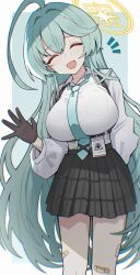 Rule 34 | 1girl, absurdres, ahoge, bandaid, black skirt, blue archive, blue necktie, blush, breasts, collared shirt, facing viewer, feet out of frame, green hair, halo, highres, huge ahoge, izuoku, large breasts, long hair, long sleeves, necktie, open mouth, pleated skirt, shirt, skirt, solo, white shirt, yellow halo, yume (blue archive)
