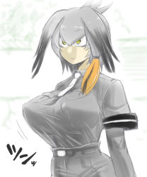 Rule 34 | 10s, 1girl, :|, ahoge, belt, bird wings, black hair, bodystocking, breasts, closed mouth, collared shirt, covered erect nipples, eyelashes, feathered wings, green eyes, grey belt, grey shirt, grey shorts, hair between eyes, head wings, henriiku (ahemaru), highres, kemono friends, large breasts, long hair, low ponytail, motion lines, necktie, orange hair, see-through, shirt, shoebill (kemono friends), short sleeves, shorts, side ponytail, silver hair, solo, standing, white necktie, wings
