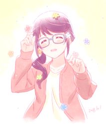 Rule 34 | 10s, 1girl, :d, ^ ^, bell, blush, casual, closed eyes, collarbone, commentary request, dated, closed eyes, flower, hair bell, hair ornament, happy birthday, hoshimi junna, jingle bell, jumping dogeza, open mouth, purple hair, shoujo kageki revue starlight, side ponytail, smile, solo, upper body, yellow background