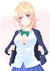 Rule 34 | 1girl, ayase eli, blazer, blonde hair, blue eyes, blue skirt, blush, bow, bowtie, bra, breasts, cleavage, dress shirt, frapowa, high ponytail, jacket, large breasts, long hair, love live!, love live! school idol project, open clothes, open shirt, partially unbuttoned, pink background, ponytail, shirt, skirt, smile, solo, underwear, upper body