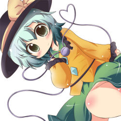 1girl black_hat blush bow buttons closed_mouth collared_shirt commentary_request diamond_button dutch_angle flat_chest frilled_shirt_collar frilled_sleeves frills green_eyes green_hair green_skirt hair_between_eyes hand_up hat hat_bow heart heart_of_string knee_blush komeiji_koishi medium_hair muuba shirt simple_background skirt sleeves_past_wrists smile solo third_eye touhou white_background yellow_bow yellow_shirt