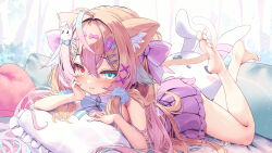 1girl :d absurdres animal_ears arm_support bare_arms bare_legs bare_shoulders barefoot between_toes blonde_hair blue_eyes bow bowtie cat_ears cat_girl cat_tail closed_mouth commentary_request commission feet frilled_pillow frills full_body gradient_hair hair_bow hair_ornament hairclip head_rest heterochromia highres legs light_brown_hair long_hair looking_at_viewer lying miniskirt multicolored_hair nyahu_(nyahu_77) on_stomach open_mouth pill_hair_ornament pillow pink_hair pleated_skirt purple_skirt rabbit_hair_ornament red_eyes shirt skeb_commission skirt sleeveless sleeveless_shirt smile soles stuffed_animal stuffed_rabbit stuffed_toy tail the_pose toenails toes vrchat x_hair_ornament