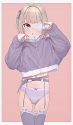 Rule 34 | 1girl, blush, bow, bow panties, cropped jacket, eyepatch, garter belt, garter straps, grey hair, hair ribbon, hands up, heart, heart eyepatch, highres, jacket, lace, lace-trimmed thighhighs, lingerie, looking at viewer, makaino ririmu, medical eyepatch, multicolored hair, navel, nijisanji, no pants, one side up, open mouth, panties, paw pose, pink hair, purple jacket, purple panties, purple thighhighs, red eyes, ribbon, sabamen, short hair, sleeves past wrists, solo, streaked hair, thigh gap, thighhighs, two-tone hair, underwear, virtual youtuber