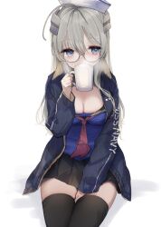Rule 34 | 1girl, ahoge, asymmetrical sidelocks, blue eyes, breasts, cleavage, cup, dixie cup hat, glasses, grey hair, hat, heywood l. edwards (kancolle), holding, holding cup, jacket, kantai collection, large breasts, long hair, long sleeves, military hat, mug, neckerchief, pleated skirt, school uniform, serafuku, shirt, skirt, solo, thighhighs, white background, white hat, yamashichi (mtseven)