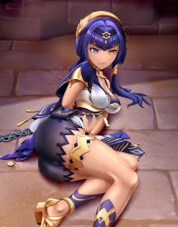 Rule 34 | 1girl, absurdres, angry, artist request, ass, bare shoulders, blue eyes, blue hair, bound, bound wrists, breasts, candace (genshin impact), chain, cleft of venus, genshin impact, hair ornament, heterochromia, highres, long hair, looking at viewer, medium breasts, orange eyes, shiny clothes, shiny skin, short shorts, shorts, sitting, solo, yokozuwari