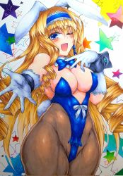 Rule 34 | 1girl, blonde hair, blue eyes, bow, breasts, cecilia alcott, cleavage, drill hair, gloves, hair bow, highres, infinite stratos, large breasts, legs, long hair, one eye closed, open mouth, rabbit ears, rabbit tail, smile, thick thighs, thighs, traditional media