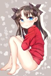 Rule 34 | 1girl, artist name, bad id, bad pixiv id, bare legs, barefoot, black hair, blue eyes, blush, bottomless, crying, fate/stay night, fate (series), feet, from side, goyain, heart, highres, legs, long hair, looking back, solo, sweater, tears, tohsaka rin, two side up, aged down