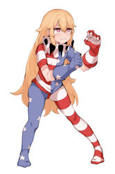 Rule 34 | 1girl, american flag dress, american flag gloves, american flag legwear, bad id, bad pixiv id, blonde hair, clenched teeth, clownpiece, dress, fairy, full body, gloves, hair between eyes, highres, long hair, no headwear, pantyhose, pink eyes, sharp teeth, simple background, solo, soya6479, striped clothes, striped dress, striped gloves, striped pantyhose, teeth, thick eyebrows, touhou, white background