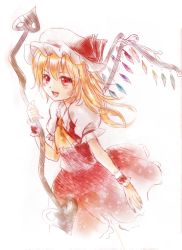 Rule 34 | 1girl, bad id, bad pixiv id, blonde hair, blush, dress, fang, female focus, flandre scarlet, hat, laevatein, nunucco, open mouth, red dress, red eyes, side ponytail, sketch, smile, solo, embodiment of scarlet devil, touhou, white background, wings