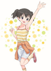 Rule 34 | 1girl, :d, arm up, armpits, bare arms, bare shoulders, black hair, blush, breasts, camisole, clothes around waist, commentary request, feet out of frame, kuraue hinata, looking to the side, meis (terameisu), open mouth, purple eyes, red footwear, shoes, shorts, small breasts, smile, sneakers, socks, solo, standing, standing on one leg, striped, striped camisole, twintails, white background, white shorts, yama no susume, yellow socks