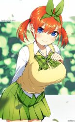 Rule 34 | 1girl, alternate hairstyle, artist name, blush, breast hold, breasts, closed mouth, collared shirt, commentary request, cowboy shot, double-parted bangs, doyagao, earrings, eyebrows hidden by hair, eyelashes, falling leaves, go-toubun no hanayome, green ribbon, green skirt, hair between eyes, hair ribbon, half updo, highres, impossible clothes, irarei (araisanblog), jewelry, large breasts, leaf, leaning forward, long sleeves, looking at viewer, low twintails, medium hair, miniskirt, nakano yotsuba, orange hair, pleated skirt, ribbon, school uniform, shirt, sidelocks, skirt, smile, smug, solo, standing, sweater vest, twintails, uniform, upturned eyes, watermark, web address, white shirt, yellow sweater vest