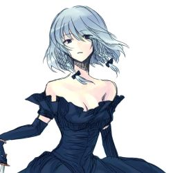 Rule 34 | 1girl, alternate costume, bare shoulders, blue eyes, braid, dress, elbow gloves, expressionless, female focus, gloves, gown, izayoi sakuya, knife, no nose, onimaru gonpei, ribbon, short hair, silver hair, sketch, solo, strapless, strapless dress, throwing knife, touhou, twin braids, upper body, weapon