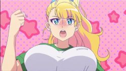 Rule 34 | 1girl, animated, animated gif, blonde hair, blue eyes, blush, bouncing breasts, breasts, clenched teeth, full-face blush, galko, gym uniform, large breasts, long hair, open mouth, oshiete! galko-chan, ponytail, running, screencap, solo, teeth, upper body