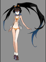 Rule 34 | 10s, alternate costume, armband, arms at sides, bare arms, bare legs, bikini, black hair, black rock shooter, black rock shooter (character), black rock shooter (stella), blue eyes, brown footwear, front-tie bikini top, front-tie top, full body, grey background, huke, jacket, jitome, legs together, long hair, looking at viewer, lowres, navel, shoes, simple background, socks, swimsuit, thigh gap, twintails, very long hair, yellow bikini