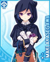 Rule 34 | akasegawa maki, beads, blue background, blue bow, blue hair, blue jacket, blue skirt, book, bow, candle, card, character name, closed mouth, collar, crystal ball, girlfriend (kari), holding, hood, jacket, jewelry, looking at viewer, necklace, official art, plaid, plaid skirt, pout, purple eyes, qp:flapper, school uniform, short hair, skirt, sweater, table, tagme
