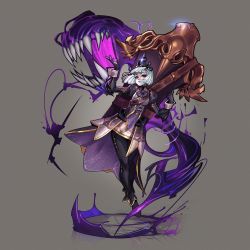 Rule 34 | 1girl, bob cut, bow, corset, crown, floating, gloves, grey background, heroes of the storm, monster, official art, orphea (heroes of the storm), red eyes, short hair, simple background, skirt, solo, teeth, white hair