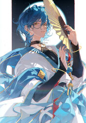 Rule 34 | 1boy, aoba tsumugi, black choker, black shorts, black sleeves, blue bow, blue hair, blue nails, border, bow, chinese clothes, choker, commentary, cowboy shot, crim0x0, earrings, ensemble stars!, folding fan, full moon, glasses, gleam, gold bracelet, hagoromo, hand fan, highres, holding, holding fan, jacket, jewelry, layered sleeves, long sleeves, looking at viewer, male focus, moon, nail polish, night, night sky, o-ring, open clothes, open jacket, outside border, parted lips, pillarboxed, shawl, short hair, shorts, sky, sleeves past wrists, solo, symbol-only commentary, waist bow, white background, white border, white sleeves, wide sleeves, yellow eyes