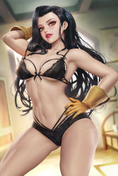 Rule 34 | 1girl, arm up, asami sato, avatar legends, black bra, black hair, black panties, bra, breasts, commentary, english commentary, gloves, hand on own hip, indoors, legend of korra, long hair, looking at viewer, medium breasts, mixed-language commentary, neoartcore, panties, red lips, solo, standing, thai commentary, thighs, underwear, underwear only, yellow eyes, yellow gloves