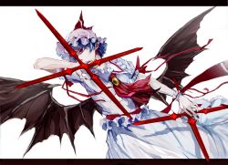 Rule 34 | 1girl, arm ribbon, ascot, bat wings, blue hair, cross, cuffs, dress, fingernails, frilled skirt, frills, handcuffs, hat, hat ribbon, heart, jewelry, letterboxed, mob cap, nail polish, pointy ears, puffy sleeves, red eyes, red nails, remilia scarlet, ribbon, ribbon-trimmed headwear, ribbon trim, sharp fingernails, short sleeves, simple background, skirt, skirt set, solo, touhou, ue toono (atano), weapon, white background, wings