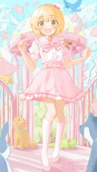 Rule 34 | 1girl, :d, bird, blonde hair, blue sky, bluebird, blush, bob cut, bow, bug, butterfly, butterfly on hand, center frills, day, dot nose, falling petals, frilled shirt, frills, full body, hair bow, hairband, high-waist skirt, highres, idolmaster, idolmaster cinderella girls, insect, kneehighs, knees together feet apart, koga koharu, looking at viewer, open mouth, outdoors, petals, pink bow, pink footwear, pink hairband, pink shirt, pink skirt, puffy short sleeves, puffy sleeves, raised eyebrows, shirt, shirt tucked in, shirubaa, shoes, short hair, short sleeves, sidelocks, signature, skirt, sky, smile, socks, solo, star (symbol), thighs, watermark, white bird, white socks, yellow eyes