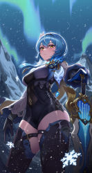 Rule 34 | 1girl, absurdres, aurora, black bodysuit, black gloves, black thighhighs, blue hair, bodysuit, breasts, closed mouth, contrapposto, eula (genshin impact), genshin impact, gloves, hand on hilt, highres, long sleeves, looking at viewer, luc (kor), medium breasts, medium hair, outdoors, planted, planted sword, planted weapon, revision, sidelocks, sky, snow, snowflakes, solo, song of broken pines (genshin impact), sword, thick thighs, thighhighs, thighs, vision (genshin impact), weapon, yellow eyes