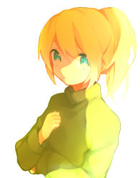 Rule 34 | 1girl, bad id, bad pixiv id, blonde hair, blue eyes, expressionless, green shirt, hand on own chest, long hair, me@, me (1005646017), poniko, ponytail, shirt, solo, sweater, yume nikki