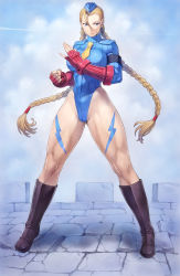 Rule 34 | 1girl, absurdres, ahoge, black footwear, blonde hair, blue eyes, blue hat, blue leotard, boots, braid, breasts, cammy white, clenched hand, closed mouth, cloud, cloudy sky, day, facial scar, fighting stance, fingerless gloves, floating hair, full body, garrison cap, gauntlets, gloves, gluteal fold, hair between eyes, hat, heattech leotard, highleg, highleg leotard, highres, knee boots, legs apart, leotard, long hair, looking at viewer, mogudan, necktie, outdoors, ribbed leotard, scar, scar on cheek, scar on face, serious, shadaloo dolls, sky, solo, standing, street fighter, street fighter zero (series), thick thighs, thighs, turtleneck, twin braids, twintails, very long hair