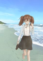 Rule 34 | 1girl, absurdres, barefoot, beach, black skirt, brown eyes, brown footwear, brown hair, cloud, commentary request, day, footprints, hair between eyes, hair ribbon, hand in own hair, highres, holding, holding shoes, jewelry, kantai collection, long hair, long sleeves, magatama, magatama necklace, mountain, necklace, nito (nshtntr), ocean, outdoors, pleated skirt, ribbon, ryuujou (kancolle), shirt, shoes, skirt, sky, solo, suspender skirt, suspenders, twintails, unworn shoes, walking, water, white shirt