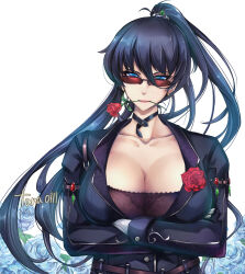 Rule 34 | 1girl, breasts, cleavage, crossed arms, flower, flower on mouth, hasuma reiko, large breasts, lilith-soft, lips, long hair, looking at viewer, ponytail, rose, sunglasses, taimanin (series), taimanin rpgx, tana (garyuh-chitai), very long hair, weapon