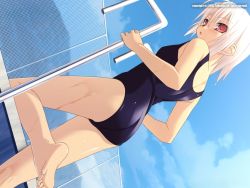 Rule 34 | 1girl, albino, barefoot, character request, day, dutch angle, feet, fence, from behind, from below, hill, looking back, ninozen, one-piece swimsuit, outdoors, pool, pool ladder, poolside, red eyes, school swimsuit, sky, soles, solo, source request, swimsuit, wet, white hair