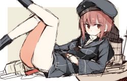 Rule 34 | 10s, 1girl, ass, clothes writing, hat, kantai collection, legs up, long sleeves, lying, machinery, military, military uniform, minarai shachou, neckerchief, on back, red eyes, red hair, sailor collar, sailor hat, short hair, sketch, solo, uniform, z3 max schultz (kancolle)