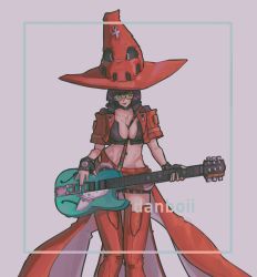 Rule 34 | 1girl, absurdres, belt buckle, black hair, boots, breasts, buckle, choker, cleavage, green-tinted eyewear, green-tinted glasses, guilty gear, guilty gear strive, guitar, hat, highres, i-no, instrument, red thighhighs, short hair, sunglasses, thigh boots, thighhighs, tinted eyewear, witch hat