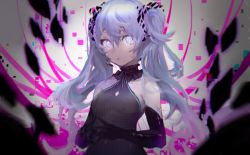 Rule 34 | 1girl, black choker, black gloves, blue hair, choker, collarbone, domremix, elbow gloves, floating hair, ghost rule (vocaloid), glitch, gloves, grey eyes, hair between eyes, hatsune miku, highres, long hair, looking at viewer, solo, twintails, upper body, very long hair, vocaloid