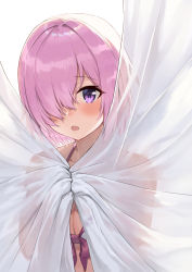 Rule 34 | 1girl, ayul (ayulneri 92), bikini, blush, breasts, cleavage, collarbone, commentary request, curtain grab, curtains, fate/grand order, fate (series), hair over one eye, highres, large breasts, light purple hair, looking at viewer, mash kyrielight, open mouth, pink bikini, pink hair, purple eyes, purple hair, short hair, solo, swimsuit, white bikini