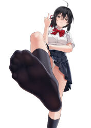 Rule 34 | 1girl, absurdres, ahoge, black hair, black skirt, bow, breasts, brown eyes, closed mouth, collared shirt, commentary request, feet, foot focus, foot out of frame, frown, hair between eyes, hair ribbon, highres, kimi no na wa., middle finger, miyamizu mitsuha, no shoes, panties, pleated skirt, red bow, ribbon, shirt, short hair, short sleeves, simple background, skirt, small breasts, soles, solo, standing, standing on one leg, toenails, toes, underwear, white background, white panties, xo (xo17800108)