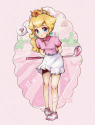 Rule 34 | 1girl, ?, arms behind back, artist name, belt, belt buckle, blonde hair, blue belt, blue eyes, breasts, buckle, buttons, crown, earrings, eyelashes, flutterinreallife, full body, golf, golf club, golf course, holding, holding golf club, jewelry, leaning forward, lips, long hair, looking at viewer, mario (series), mario golf, mario golf: super rush, mario golf: world tour, nintendo, pink background, pink footwear, pink lips, pink shirt, pleated skirt, polo shirt, ponytail, princess peach, princess peach&#039;s castle, puckered lips, shirt, shirt tucked in, shoes, short sleeves, skirt, small breasts, sneakers, solo, sparkle, speech bubble, spoken question mark, standing, statue, tree, white footwear, white skirt