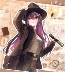Rule 34 | 1girl, alternate costume, azki (hololive), bag, black hair, blush, brown hat, brown jacket, brown pants, brown shirt, colored inner hair, commentary, cowboy shot, fedora, grey shirt, hair ornament, hairclip, hand on headwear, handbag, harusame meronn, hat, highres, holding, holding telescope, hololive, jacket, long sleeves, mole, mole under eye, multicolored hair, official alternate hair length, official alternate hairstyle, open mouth, pants, pink hair, shirt, solo, symbol-only commentary, telescope, virtual youtuber