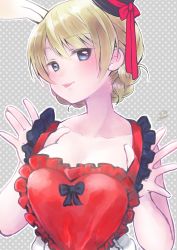 Rule 34 | 1girl, :p, absurdres, animal ears, apron, artist name, black hat, blonde hair, blue eyes, braid, closed mouth, commentary, darjeeling (girls und panzer), frilled apron, frills, girls und panzer, grey background, half-closed eyes, hat, head tilt, heart apron, highres, itsumip, looking at viewer, mini hat, mini top hat, official alternate costume, polka dot, polka dot background, rabbit ears, red apron, short hair, signature, smile, solo, tilted headwear, tongue, tongue out, top hat, twin braids, upper body