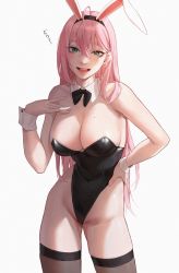 Rule 34 | 1girl, :d, animal ears, aqua eyes, bare shoulders, black leotard, black thighhighs, blush, breasts, cleavage, cocoro moto, detached collar, fake animal ears, hand on own hip, highres, large breasts, leotard, long hair, looking at viewer, mole, mole on breast, open mouth, original, pink hair, playboy bunny, rabbit ears, simple background, smile, solo, teeth, thighhighs, veins, veiny breasts, white background, wrist cuffs