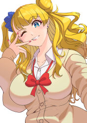 Rule 34 | 1girl, asymmetrical hair, blonde hair, blue eyes, blue scrunchie, bow, bowtie, breasts, cardigan, clenched teeth, earrings, galko, grin, gyaru, hair bun, hair ornament, hair scrunchie, highres, jewelry, kogal, large breasts, long hair, long sleeves, looking at viewer, makkyi@hage, nail, one eye closed, one side up, oshiete! galko-chan, red bow, red bowtie, red nails, scrunchie, shirt, simple background, single side bun, smile, solo, stud earrings, teeth, upper body, w over face, white background, white shirt, yellow cardigan