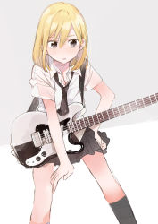 Rule 34 | 1girl, :o, bad id, bad pixiv id, black socks, blonde hair, brown eyes, buckle, collared shirt, electric guitar, fender (company), fly 333, grey background, guitar, hand on own hip, instrument, kneehighs, necktie, original, parted lips, school uniform, shirt, short hair, simple background, sitting, socks, solo, white shirt