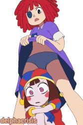 Rule 34 | 2girls, artist name, blue eyes, brown hair, button eyes, buttons, clothes lift, delpha crisis, doll, dress, dress lift, hat, hat bell, hugging own legs, jester, jester cap, medium hair, multicolored clothes, multicolored eyes, multicolored hat, multiple girls, on ground, open mouth, panties, pomni (the amazing digital circus), purple dress, ragatha (the amazing digital circus), ragdoll, red eyes, red hair, simple background, sketch, the amazing digital circus, underwear, white background