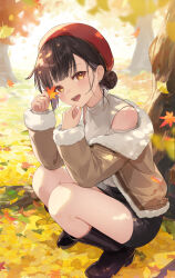 Rule 34 | 1girl, :d, autumn leaves, beret, black footwear, black hat, black skirt, boots, brown eyes, brown jacket, clothing cutout, commentary request, day, earrings, fur-trimmed jacket, fur-trimmed sleeves, fur trim, ginkgo leaf, hair bun, hands up, hat, heart, heart earrings, highres, holding, holding leaf, jacket, jewelry, leaf, long sleeves, looking at viewer, maple leaf, nima (niru54), off shoulder, open clothes, open jacket, open mouth, original, outdoors, red hat, shirt, shoulder cutout, skirt, sleeves past wrists, smile, solo, squatting, tree, white shirt
