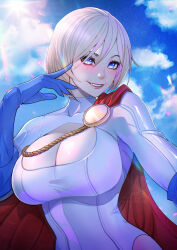 Rule 34 | absurdres, animification, blue gloves, breasts, cape, cleavage cutout, clothing cutout, dc comics, gloves, highleg, highleg leotard, highres, large breasts, leotard, power girl, red cape, short hair, sleeved leotard, smile, solo, superhero costume, superman (series), white leotard, xuuikie ashe