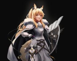 Rule 34 | 1girl, absurdres, animal ear fluff, animal ears, arknights, armor, armored dress, black background, blemishine (arknights), blonde hair, cape, dress, fur-trimmed cape, fur trim, grey dress, hair between eyes, highres, horse ears, horse girl, horse tail, long hair, looking at viewer, ponytail, shield, simple background, smile, solo, sword, tail, very long hair, vincent ky, weapon, yellow eyes
